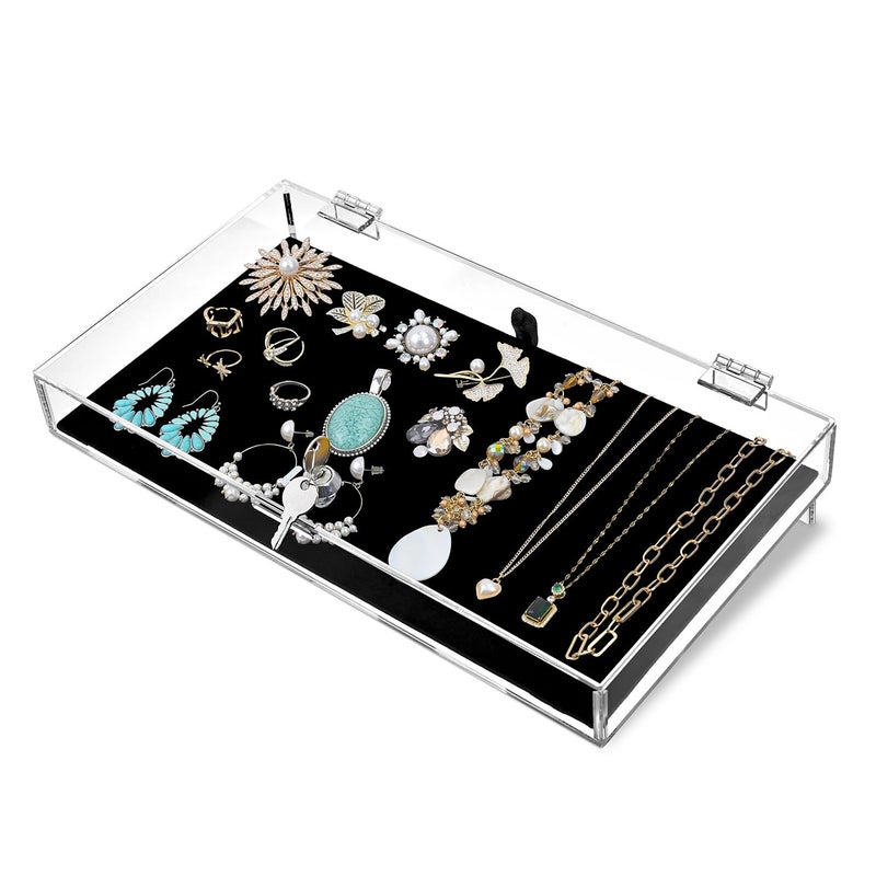MOOCA Acrylic Rectangular Marketing Holder Locking Security Showcase Safe Box Display Tray, Perfect for Watches Jewelry, Knives, Eyewear with a Key and a Black Padding - Image 1